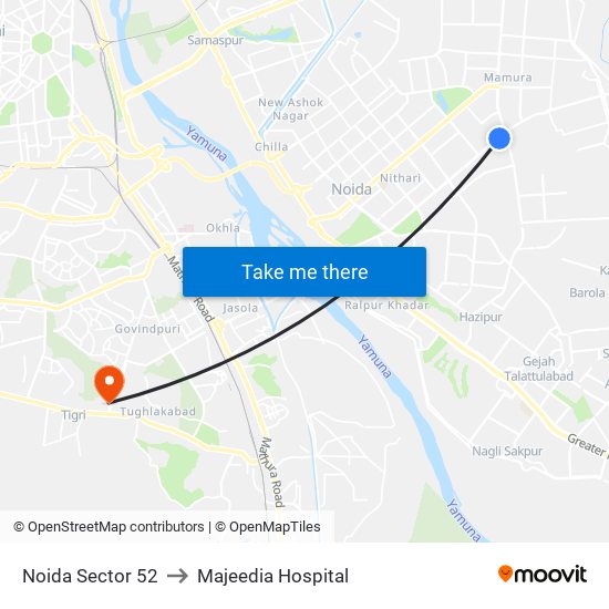 Noida Sector 52 to Majeedia Hospital map