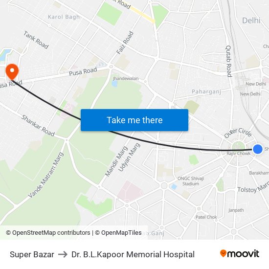 Super Bazar to Dr. B.L.Kapoor Memorial Hospital map