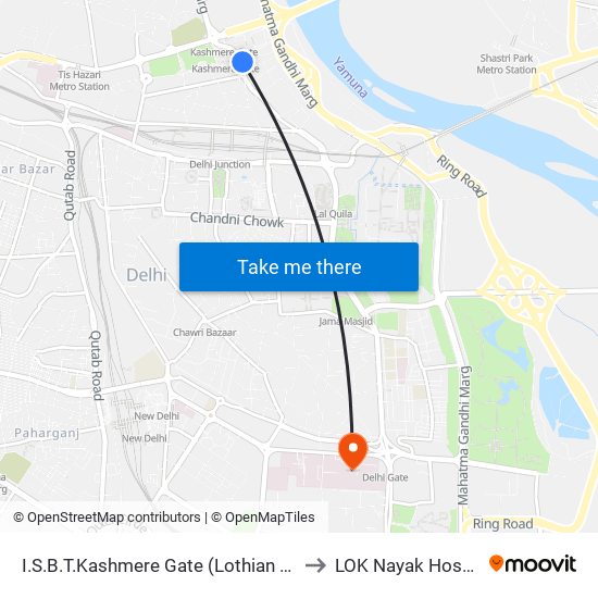 I.S.B.T.Kashmere Gate (Lothian Road) to LOK Nayak Hospital map