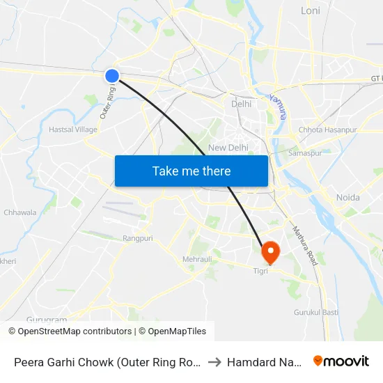 Peera Garhi Chowk (Outer Ring Road) to Hamdard Nagar map