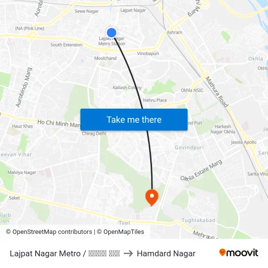 Lajpat Nagar Metro / लाजपत नगर to Hamdard Nagar map