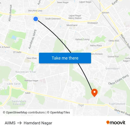 AIIMS to Hamdard Nagar map