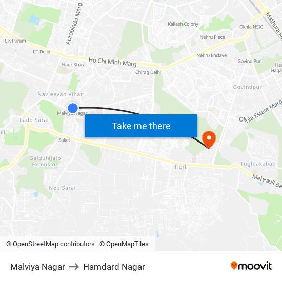 Malviya Nagar to Hamdard Nagar map