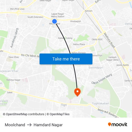 Moolchand to Hamdard Nagar map