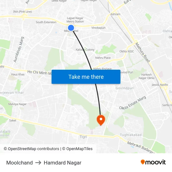 Moolchand to Hamdard Nagar map