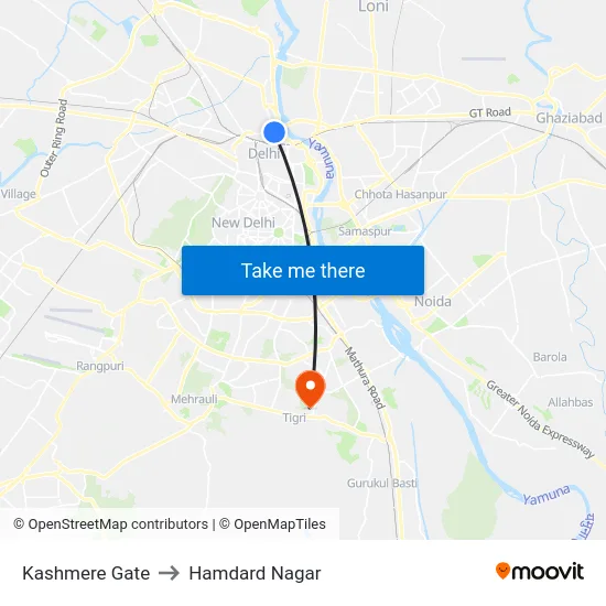 Kashmere Gate to Hamdard Nagar map