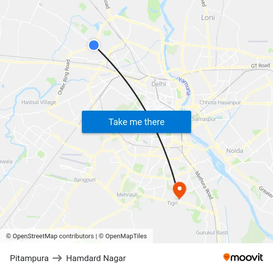 Pitampura to Hamdard Nagar map