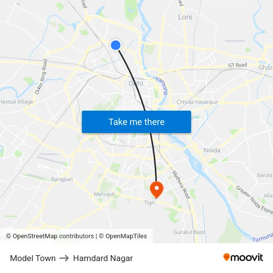 Model Town to Hamdard Nagar map