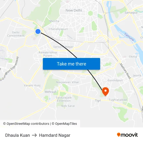 Dhaula Kuan to Hamdard Nagar map
