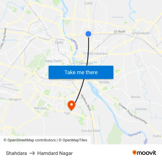Shahdara to Hamdard Nagar map