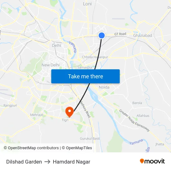 Dilshad Garden to Hamdard Nagar map