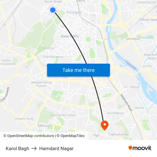 Karol Bagh to Hamdard Nagar map
