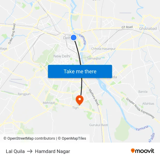 Lal Quila to Hamdard Nagar map