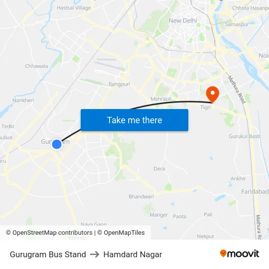 Gurugram Bus Stand to Hamdard Nagar map