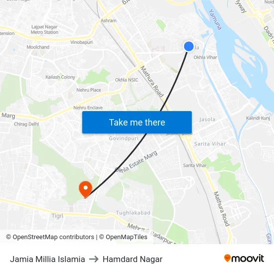 Jamia Millia Islamia to Hamdard Nagar map