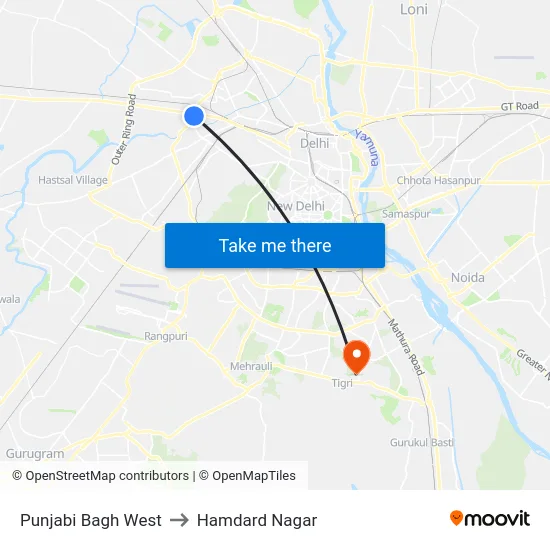 Punjabi Bagh West to Hamdard Nagar map