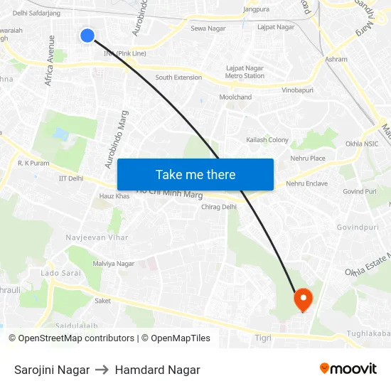 Sarojini Nagar to Hamdard Nagar map