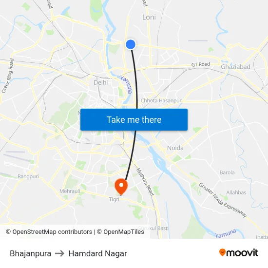 Bhajanpura to Hamdard Nagar map