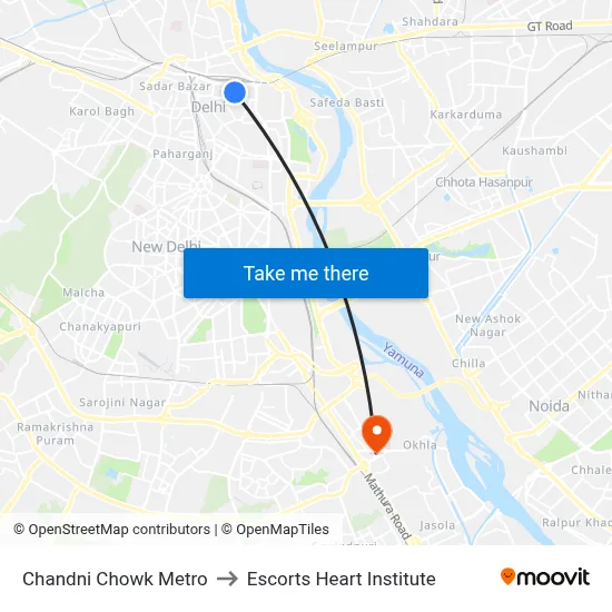 Chandni Chowk Metro to Escorts Heart Institute map