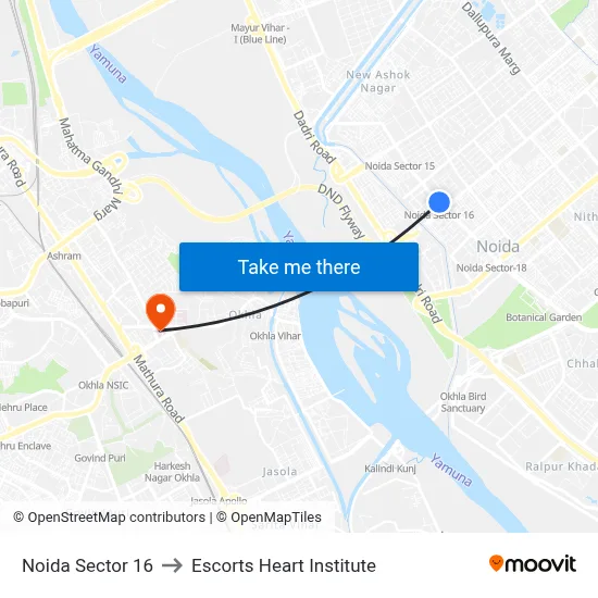Noida Sector 16 to Escorts Heart Institute map