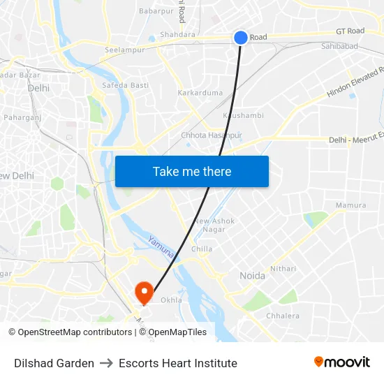 Dilshad Garden to Escorts Heart Institute map