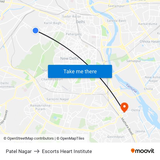 Patel Nagar to Escorts Heart Institute map