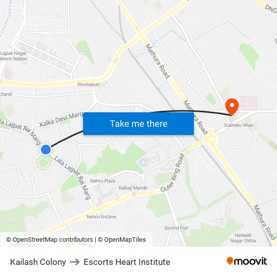 Kailash Colony to Escorts Heart Institute map