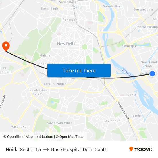 Noida Sector 15 to Base Hospital Delhi Cantt map