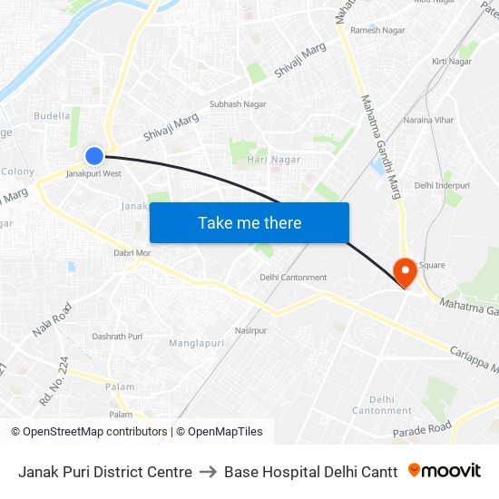 Janak Puri  District Centre to Base Hospital Delhi Cantt map