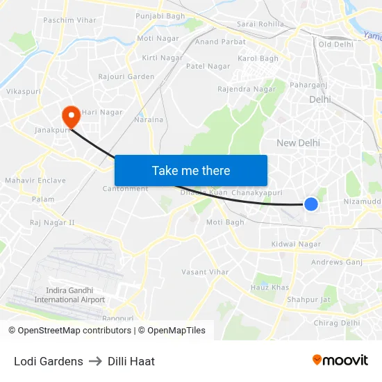 Lodi Gardens to Dilli Haat map