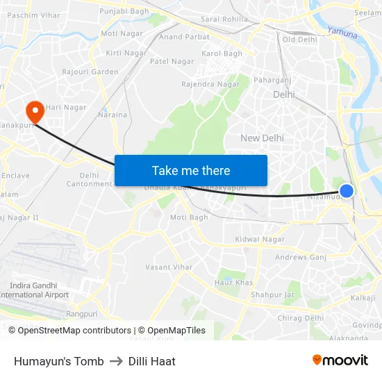 Humayun's Tomb to Dilli Haat map
