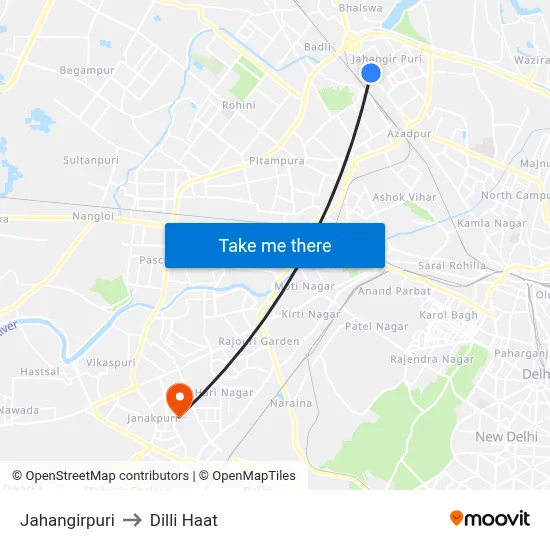 Jahangirpuri to Dilli Haat map