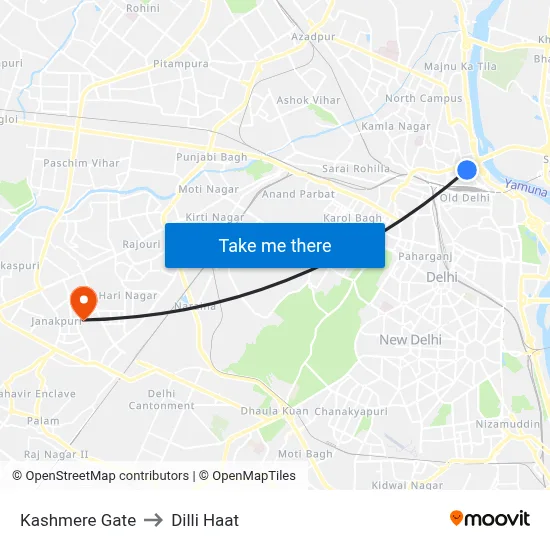 Kashmere Gate to Dilli Haat map