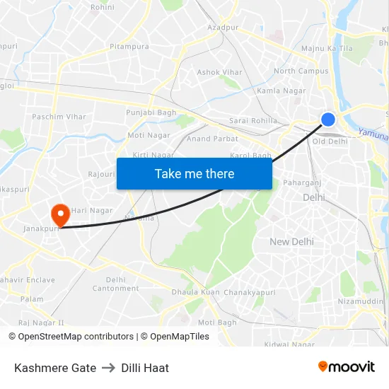 Kashmere Gate to Dilli Haat map