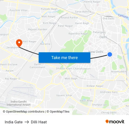 India Gate to Dilli Haat map