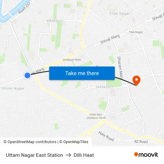 Uttam Nagar East Station to Dilli Haat map