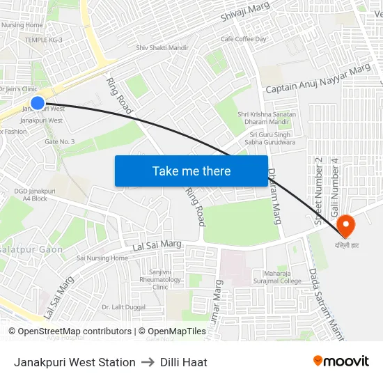 Janakpuri West Station to Dilli Haat map