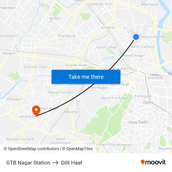 GTB Nagar Station to Dilli Haat map