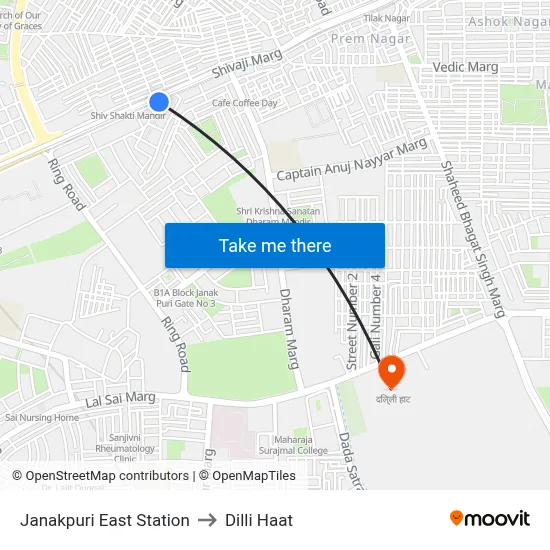 Janakpuri East Station to Dilli Haat map