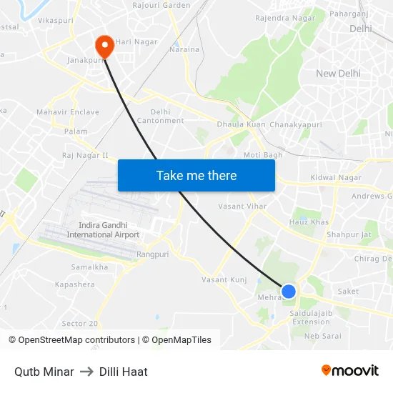 Qutb Minar to Dilli Haat map