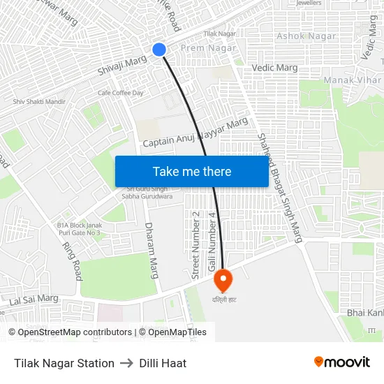 Tilak Nagar Station to Dilli Haat map