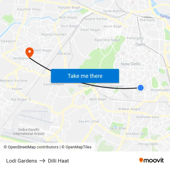 Lodi Gardens to Dilli Haat map