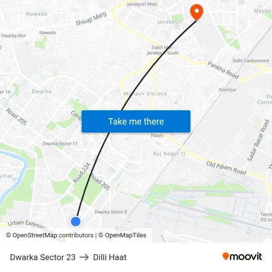 Dwarka Sector 23 to Dilli Haat map