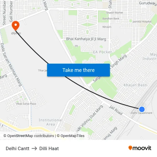 Delhi Cantt to Dilli Haat map