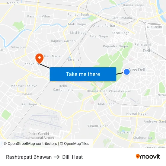 Rashtrapati Bhawan to Dilli Haat map
