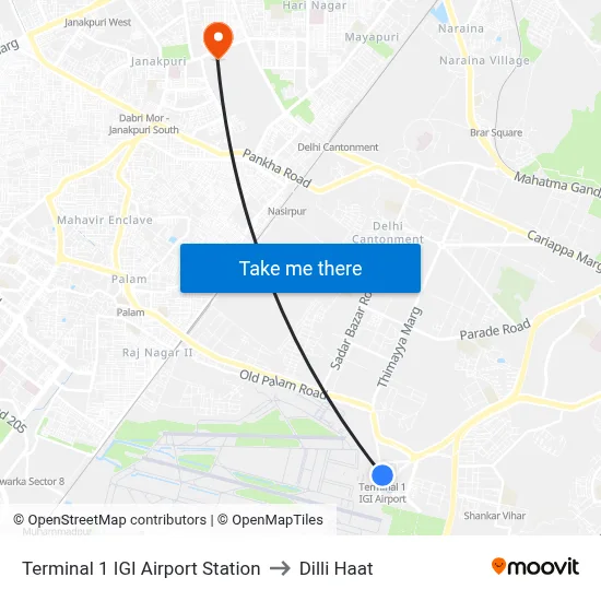 Terminal 1 IGI Airport Station to Dilli Haat map