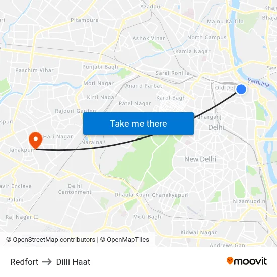 Redfort to Dilli Haat map