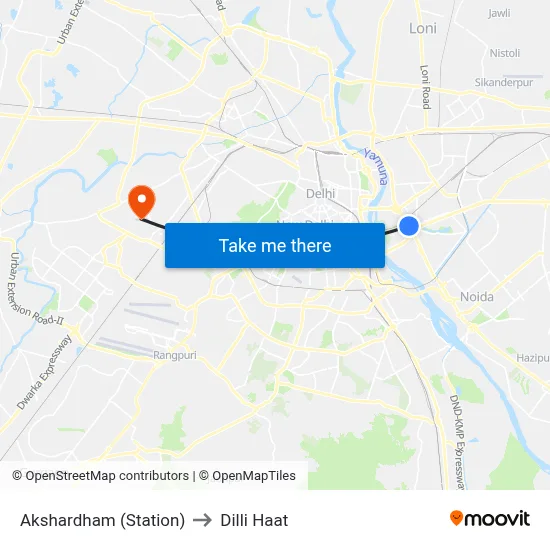 Akshardham (Station) to Dilli Haat map