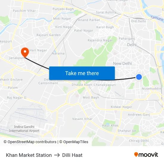 Khan Market Station to Dilli Haat map