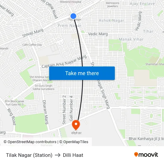 Tilak Nagar (Station) to Dilli Haat map